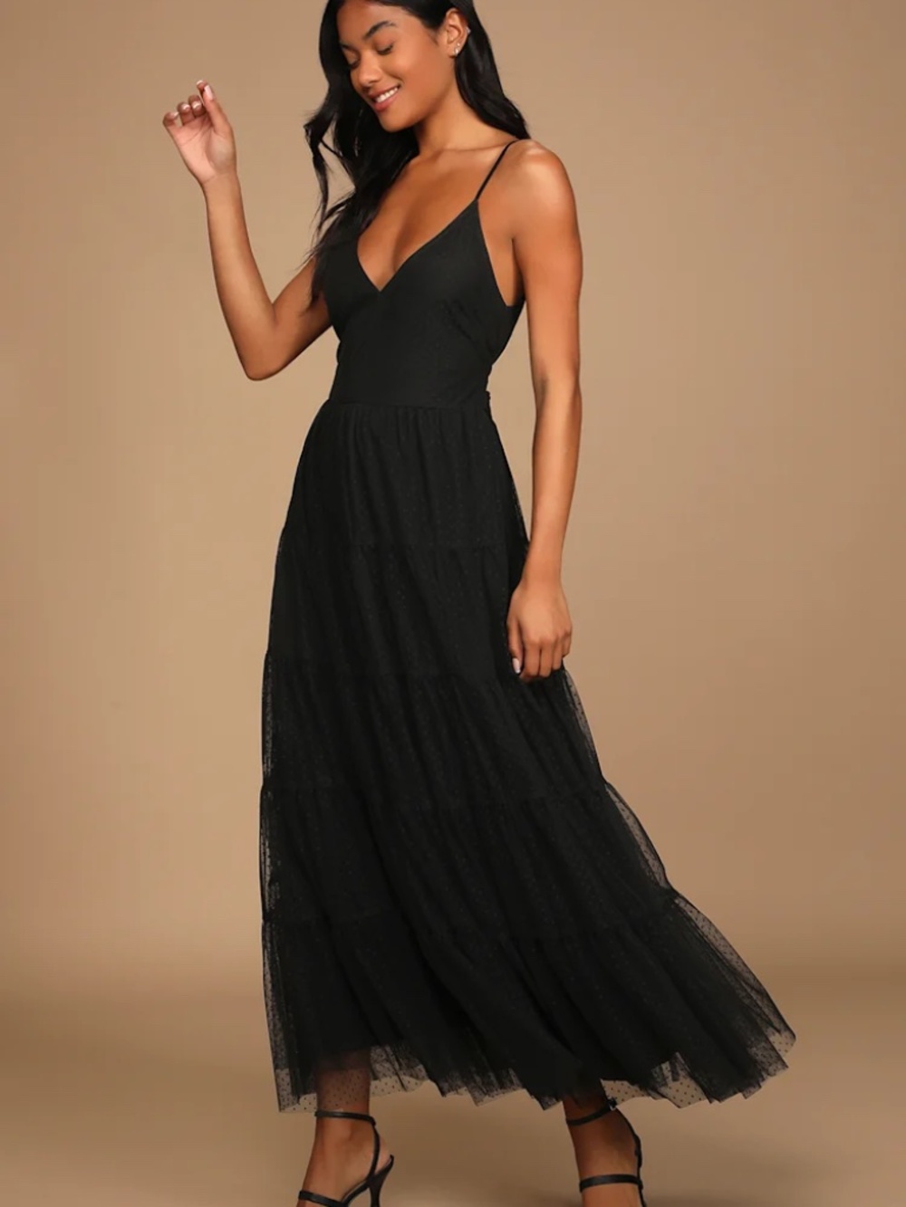 Lulus “Made to Be Magical” Black Dotted Tie-Back Tiered Midi Dress in size XL. - Picture 1 of 4